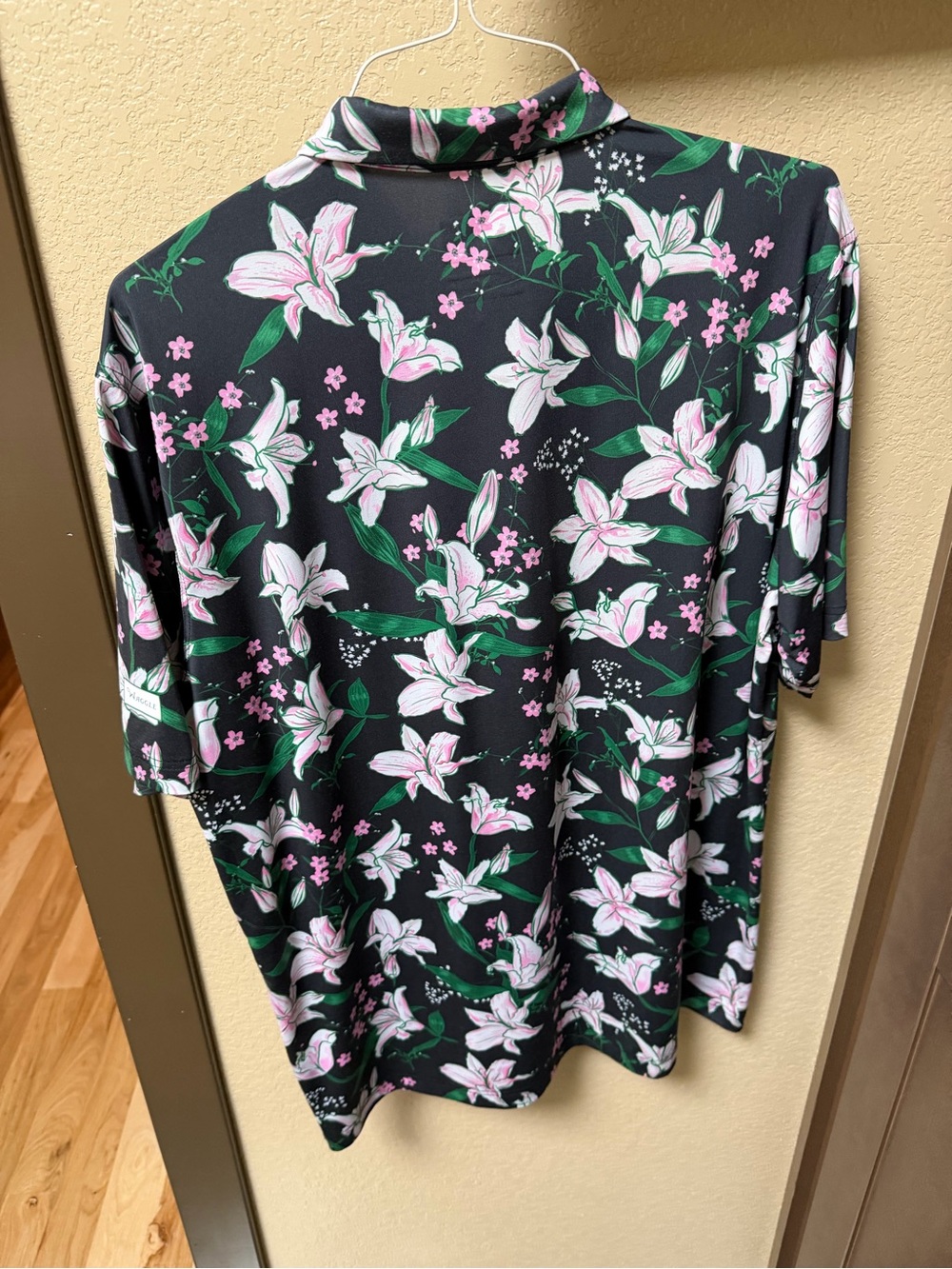 Men's Black Floral Polo with Pink & Green Print - Picture 2 of 3